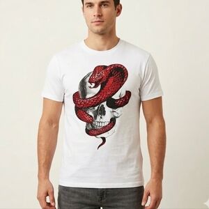 Heads or Tails Men 2XL White Rhinestone Cobra Snake Skull Graphic White T-Shirt